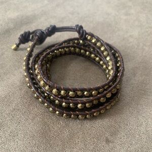 Brown Faux Leather Wrap Bracelet with Gold Tone Beads